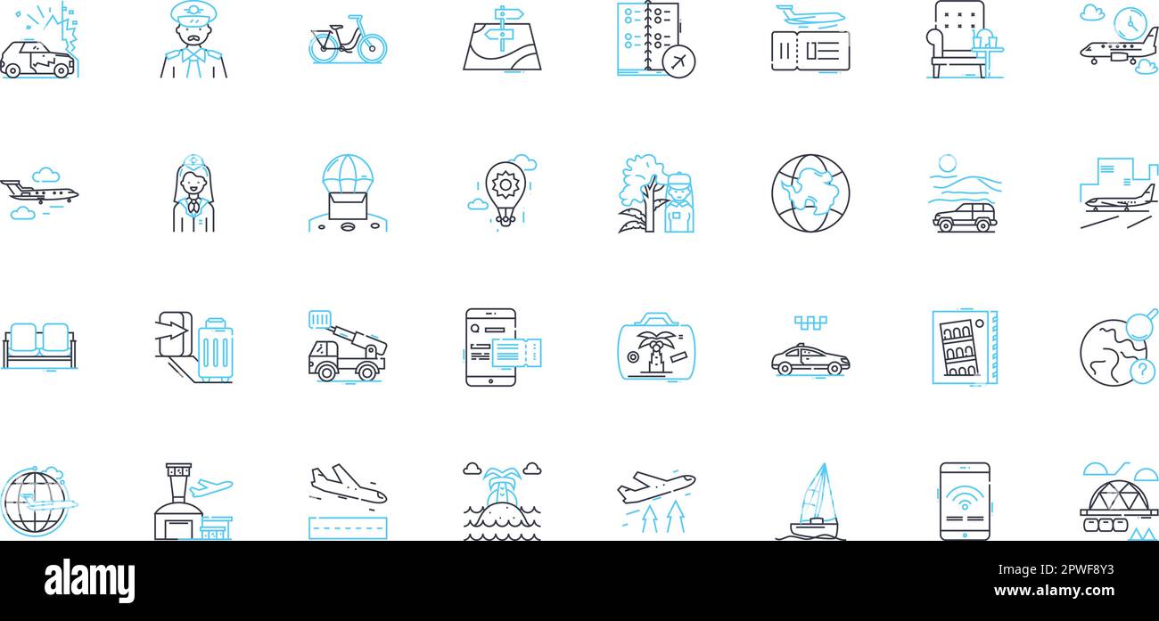 Set di icone lineari dell'Aerodromo. anding, Takeoff, Runway, Hangar, Torre di controllo, Velivoli, linee pilota e segnali concettuali. Servizi a terra Illustrazione Vettoriale