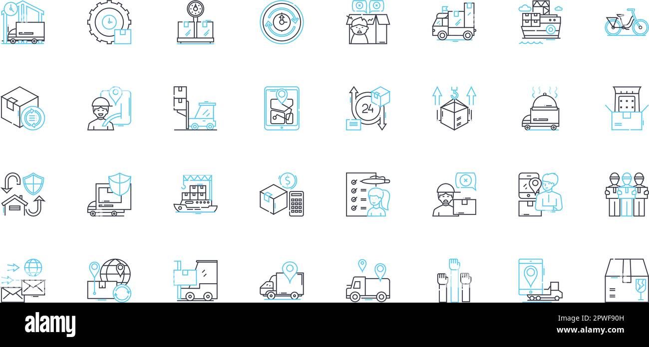 Set di icone lineari per la logistica delle spedizioni. Carico, trasporto, trasporto, dogana, inventario, Confezionamento, linea di spedizione vettore e segnali concettuali. Consegna Illustrazione Vettoriale