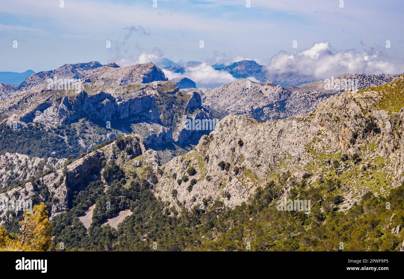 Vista dal Comellar des Prat sulla GR221 il percorso Drystone tra il Lago Cuber e Lluc nei Monti Tramuntana di Maiorca in Spagna Foto Stock