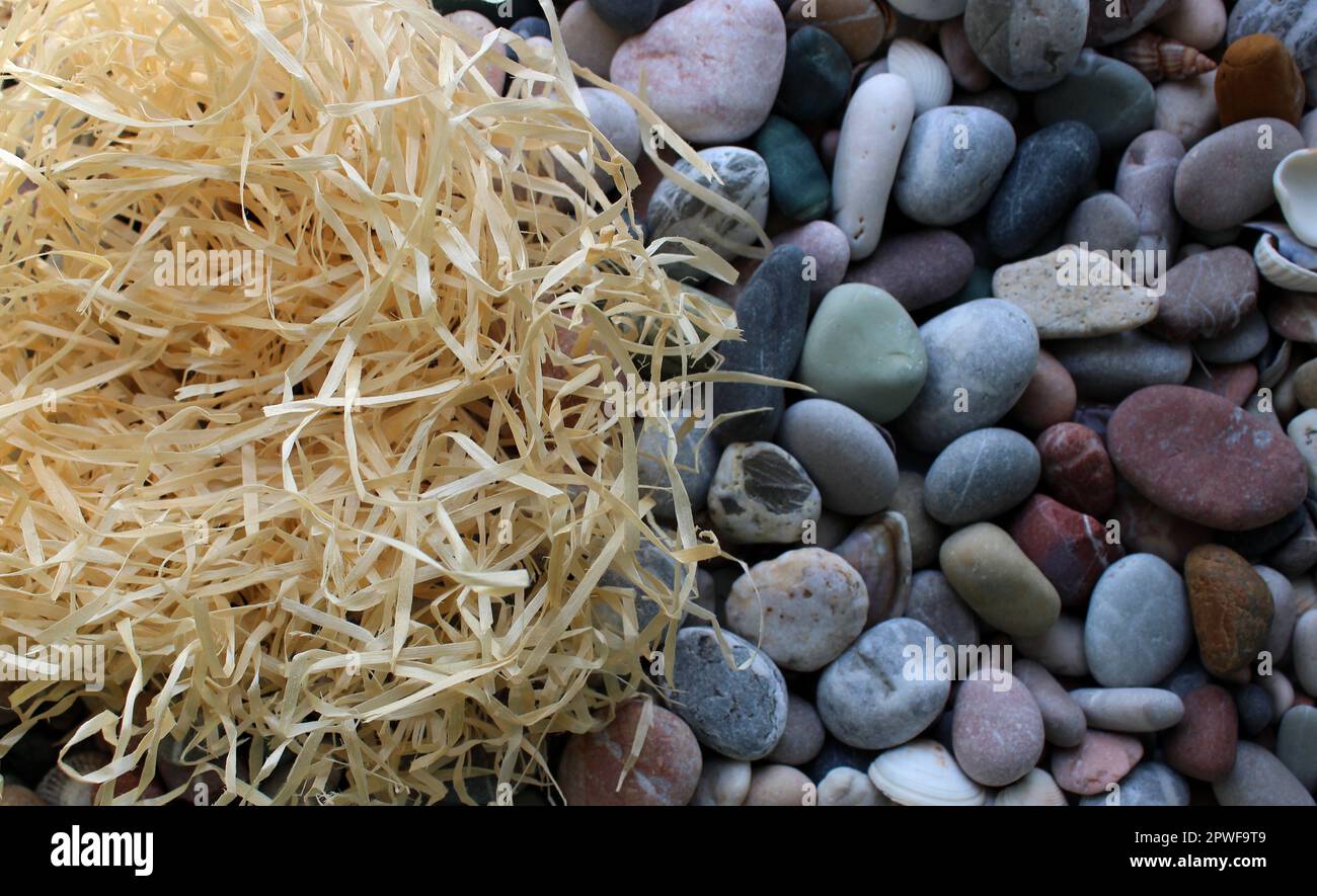 Mazzo di Shavings a forma di Nest su pietre di mare liscio sfondo Foto Stock