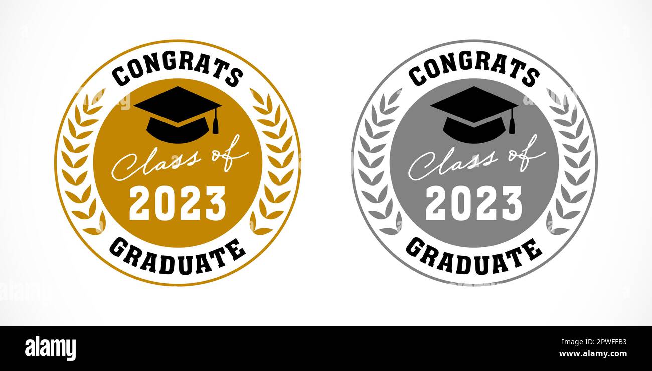 2023 Classe di medaglia d'oro e d'argento. Congratulazioni laureato 2023 anno di design badge con numeri e cappello accademico quadrato. Icona vettore Illustrazione Vettoriale