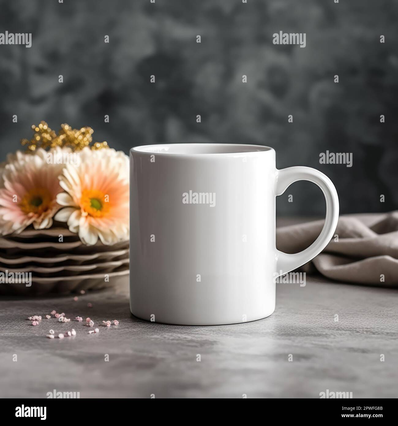 Tazza di caffè, una tazza bianca su un tavolo con un cupcake e fiori. Foto con stile, mockup del prodotto. Foto Stock