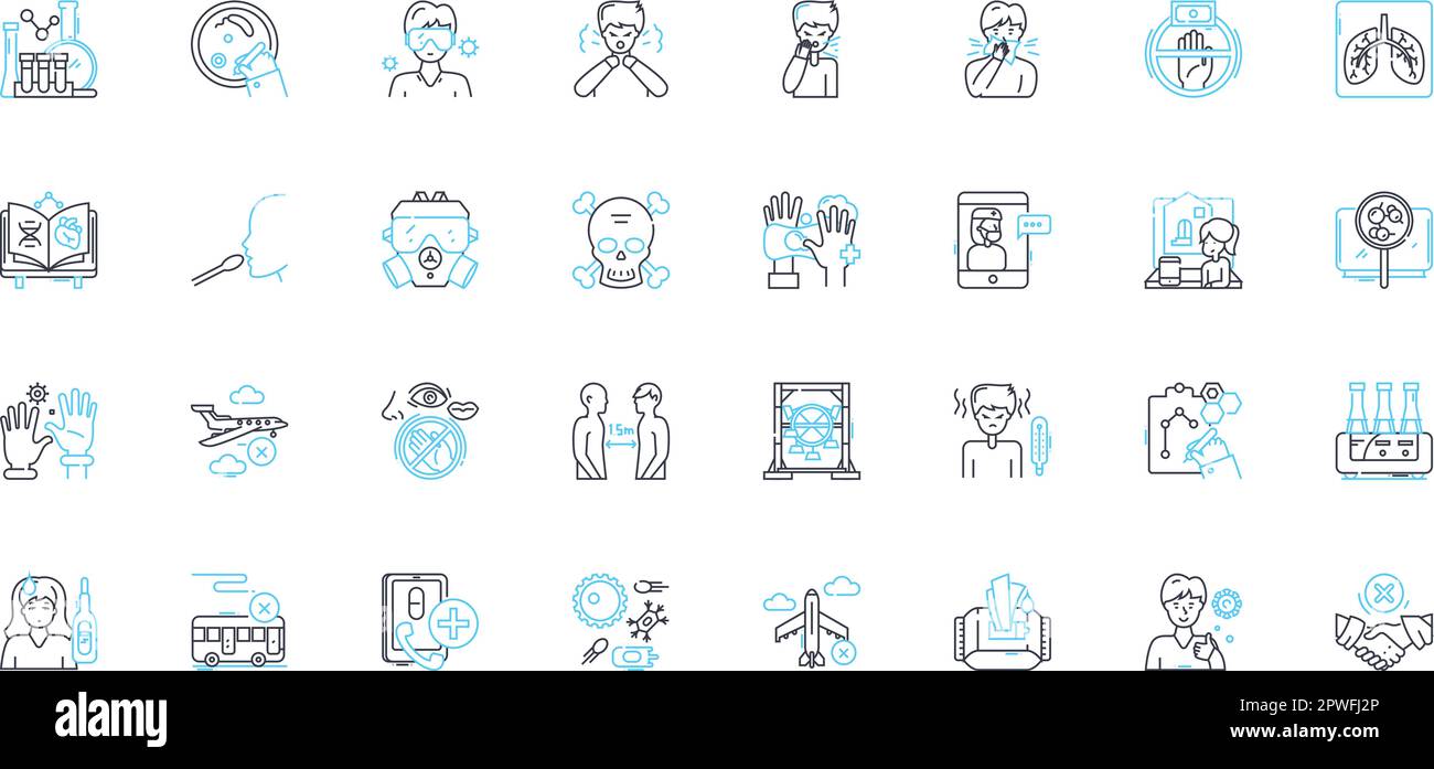 Set di icone lineari microbi. Batteri, funghi, virus, protozoi, Archaea, Peptidoglicano, vettore di linea Pili e segnali concettuali. Flagella, Capsule, plasmidi Illustrazione Vettoriale