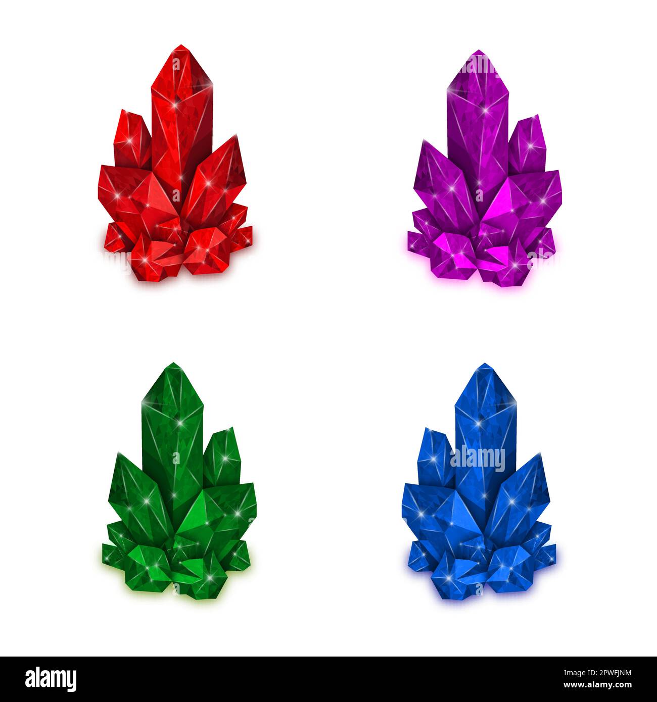 Cristallo rosso, viola, verde e blu isolato su sfondo bianco. Rubino, zaffiro, Ametista e Smeraldo gioiello. Illustrazione vettoriale. Illustrazione Vettoriale