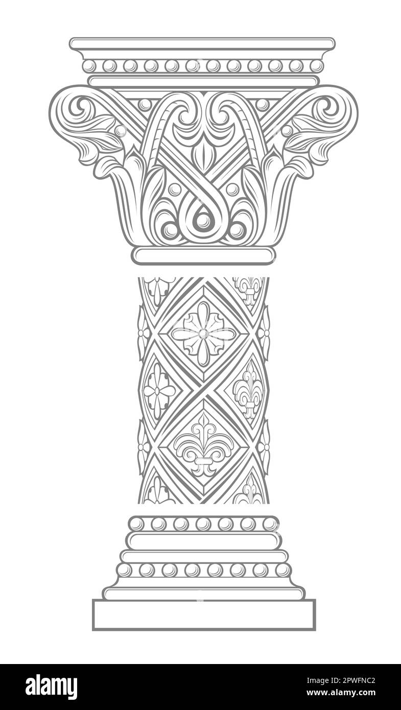 Modelli vettoriali. Capitale di una colonna gotica cattedrale medievale. Incisione o elemento tatuaggio Illustrazione Vettoriale