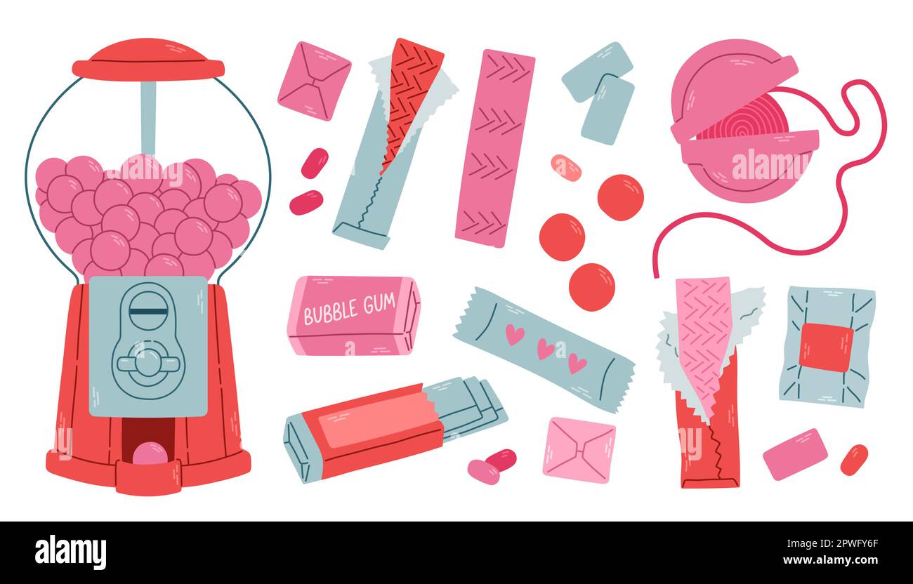 Set di gomme da bollicine. Gomma da bollicine rosa isolata in confezioni di alluminio. Tamponi, palline e rotolo di colore rosso, rosa e viola. Illustrazione Vettoriale