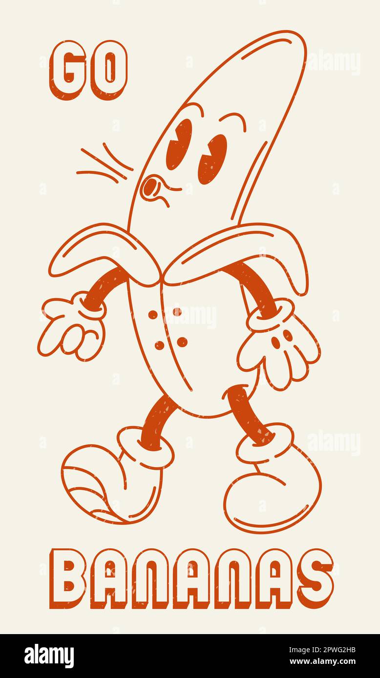 Go Bananas 70s retro groovy illustrazione stampa con divertente slogan per T-shirt grafica o sticker poster - Vector Illustrazione Vettoriale