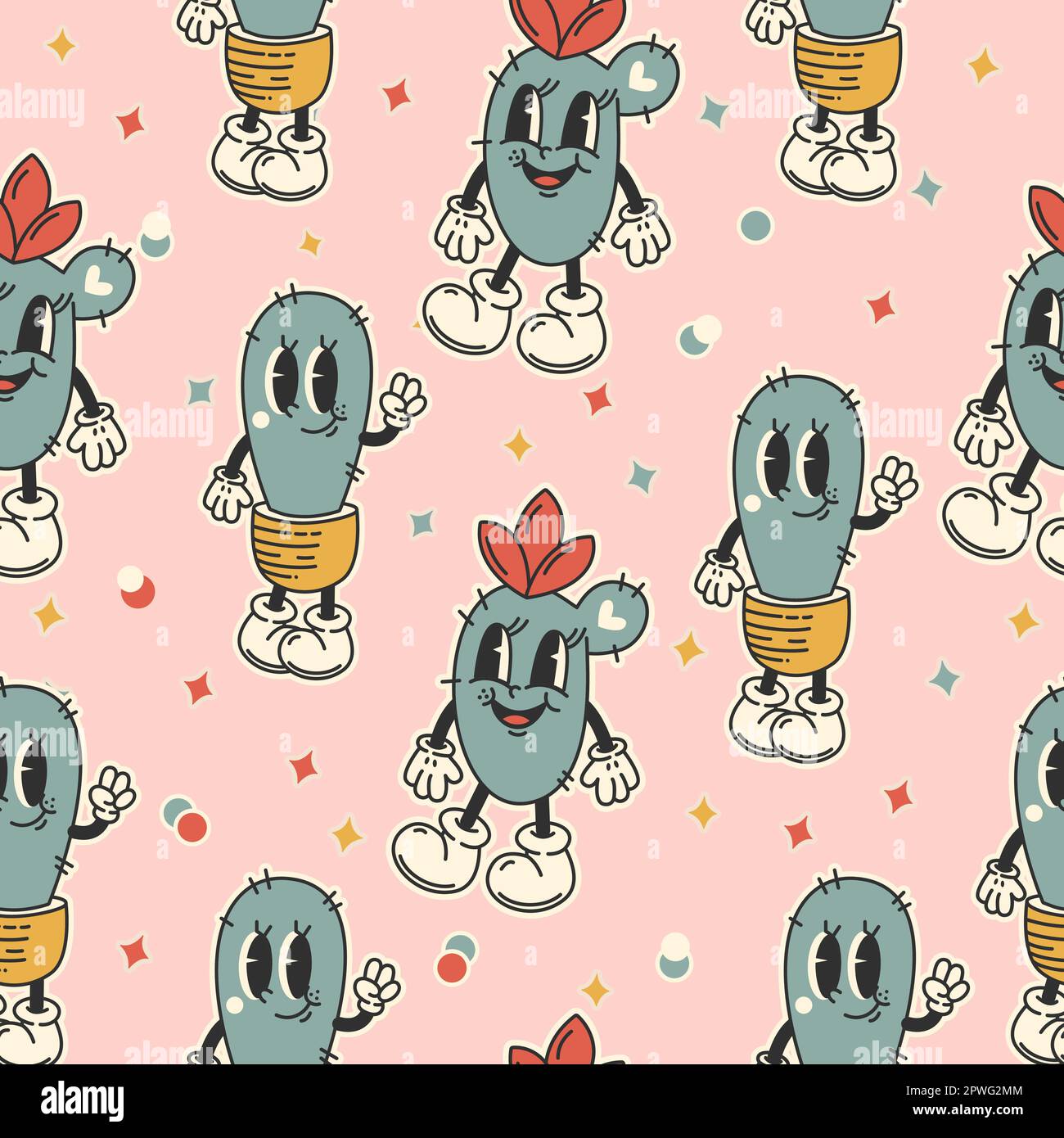Motivo senza cuciture in stile retrò alla moda, Y2K con personaggi cartoni animati. Cactus carino vettore. illustrazione piatta Illustrazione Vettoriale