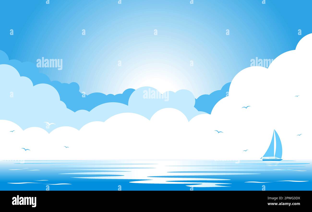 Cielo blu con nuvole e sagome di gabbiani sul mare blu, barca a vela all'orizzonte. Copiare spazio per il testo. Sfondo del modello vettore per adve Illustrazione Vettoriale
