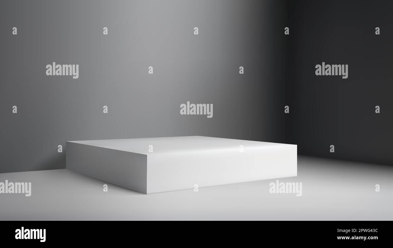 Podio bianco rettangolare palco decorativo parete premium studio sfondo realistico vettore illustrazione. Piattaforma base a piedistallo, vetrina minimalista. Illustrazione Vettoriale