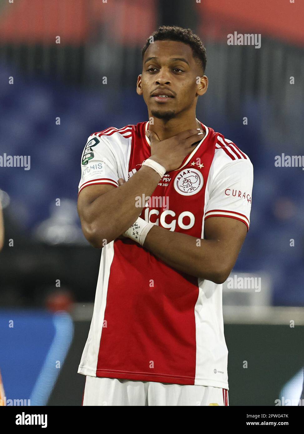 ROTTERDAM - Jurrien Timber of Ajax durante la finale della Toto KNVB Cup tra PSV e Ajax allo Stadion de Kuip di Feyenoord il 30 aprile 2023 a Rotterdam, Paesi Bassi. ANP MAURICE VAN PIETRA Foto Stock