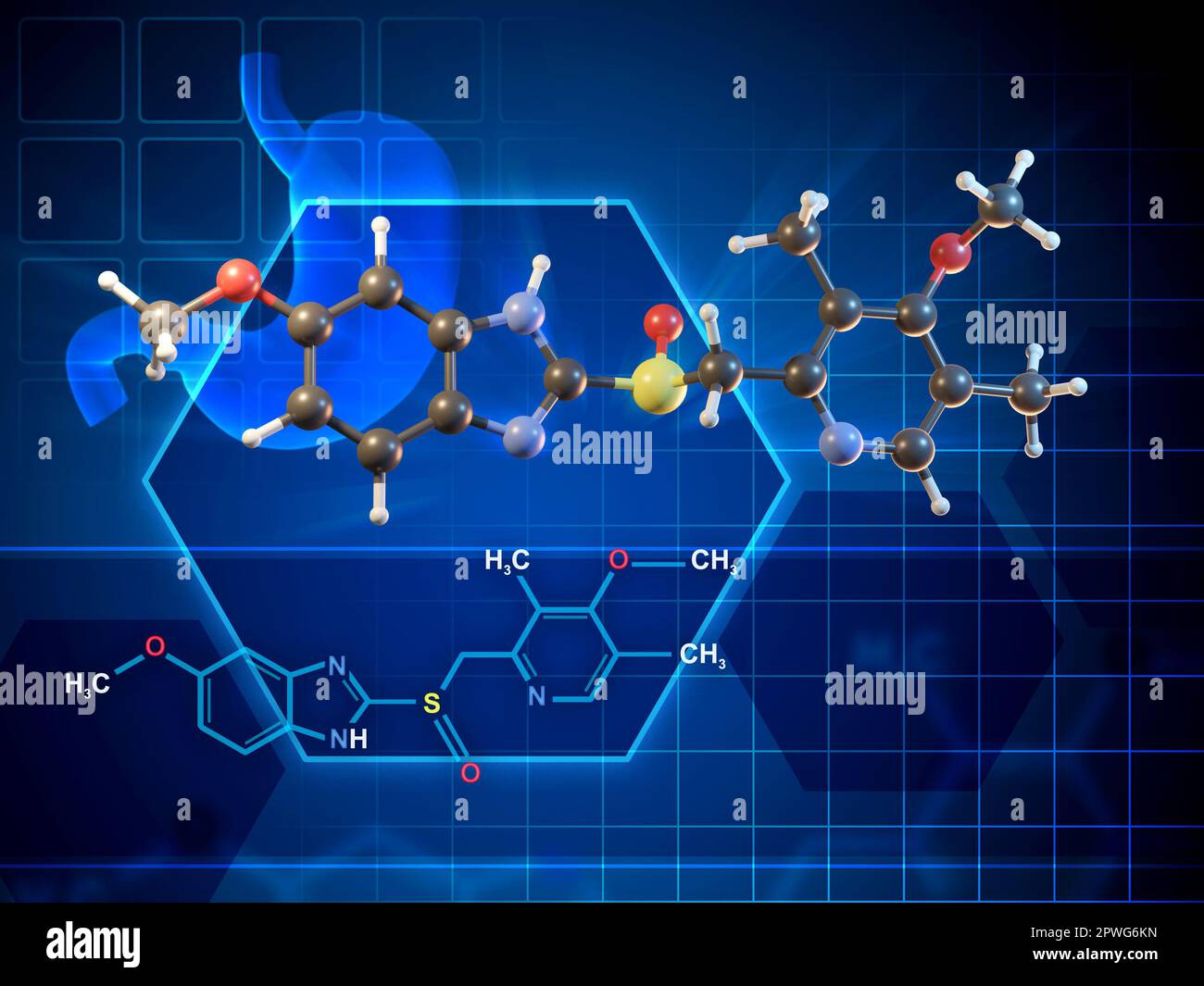 Formula della molecola di omeprazolo e diagramma 3D. Illustrazione digitale, rendering 3D. Foto Stock