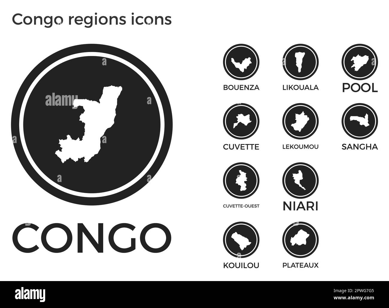 Icone delle regioni del Congo. Logo tondi neri con mappe e titoli delle regioni dei paesi. Illustrazione vettoriale. Illustrazione Vettoriale