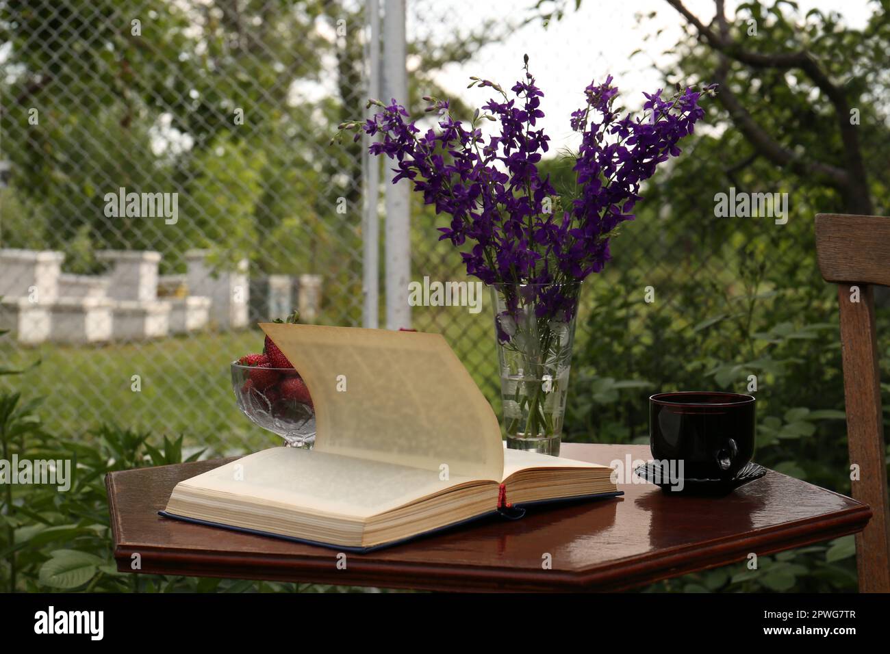 Libro aperto, tazza di tè, fragole e bellissimi fiori selvatici sul tavolo in giardino Foto Stock