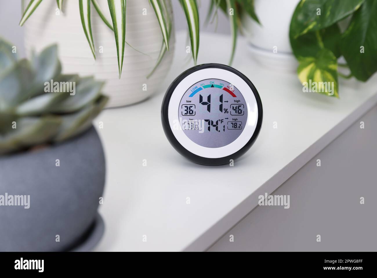 Igrometro digitale con termometro e piante su tavolo bianco Foto stock -  Alamy