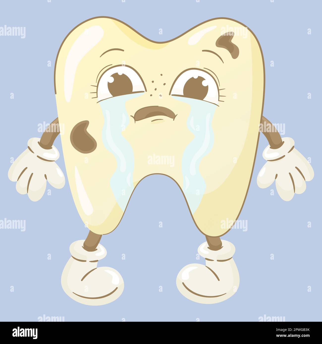 Cartone animato dente triste carino con carie pianto.Dental concetto, immagine vettoriale per poster, adesivo, stampa Illustrazione Vettoriale