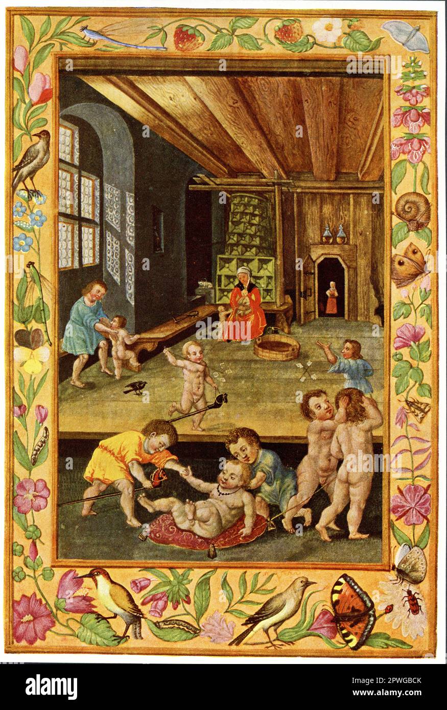 La didascalia del 1906 recita: 'Stanza dei bambini in una casa tedesca. Una miniatura del manoscritto di un alchimista. L'originale si trova nella biblioteca del Museo Nazionale Tedesco a Nurenberg.' Foto Stock