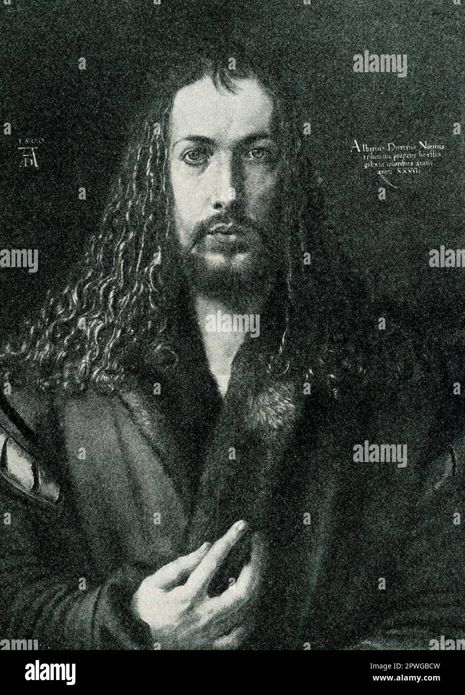 La didascalia del 1906 recita: 'Albrecht Durer - un autoritratto - nella vecchia Pinakothek di Monaco di Baviera.' Albrecht Durer (1471-1528) è stato un artista tedesco ben noto per le sue stampe e disegni di attenta osservazione e ricchi dettagli. Nacque a Norimberga e vi ebbe uno studio. Foto Stock