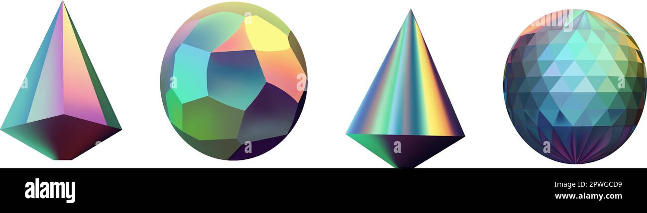 Le figure futuristiche del gradiente del neon possono essere usate per una varietà di scopi, compreso l'intrattenimento, l'istruzione e la visualizzazione scientifica.insieme delle forme geometriche del hologram. Iridescente moderno 3D oggetto multicolore. Illustrazione Vettoriale