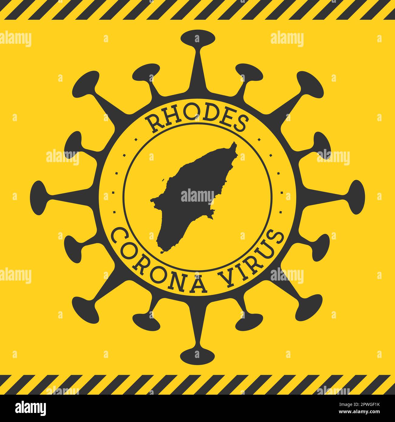 Corona virus a Rodi segno. Badge rotondo con forma di virus e mappa di Rodi. Il bollo giallo dell'epidemia dell'isola. Illustrazione vettoriale. Illustrazione Vettoriale