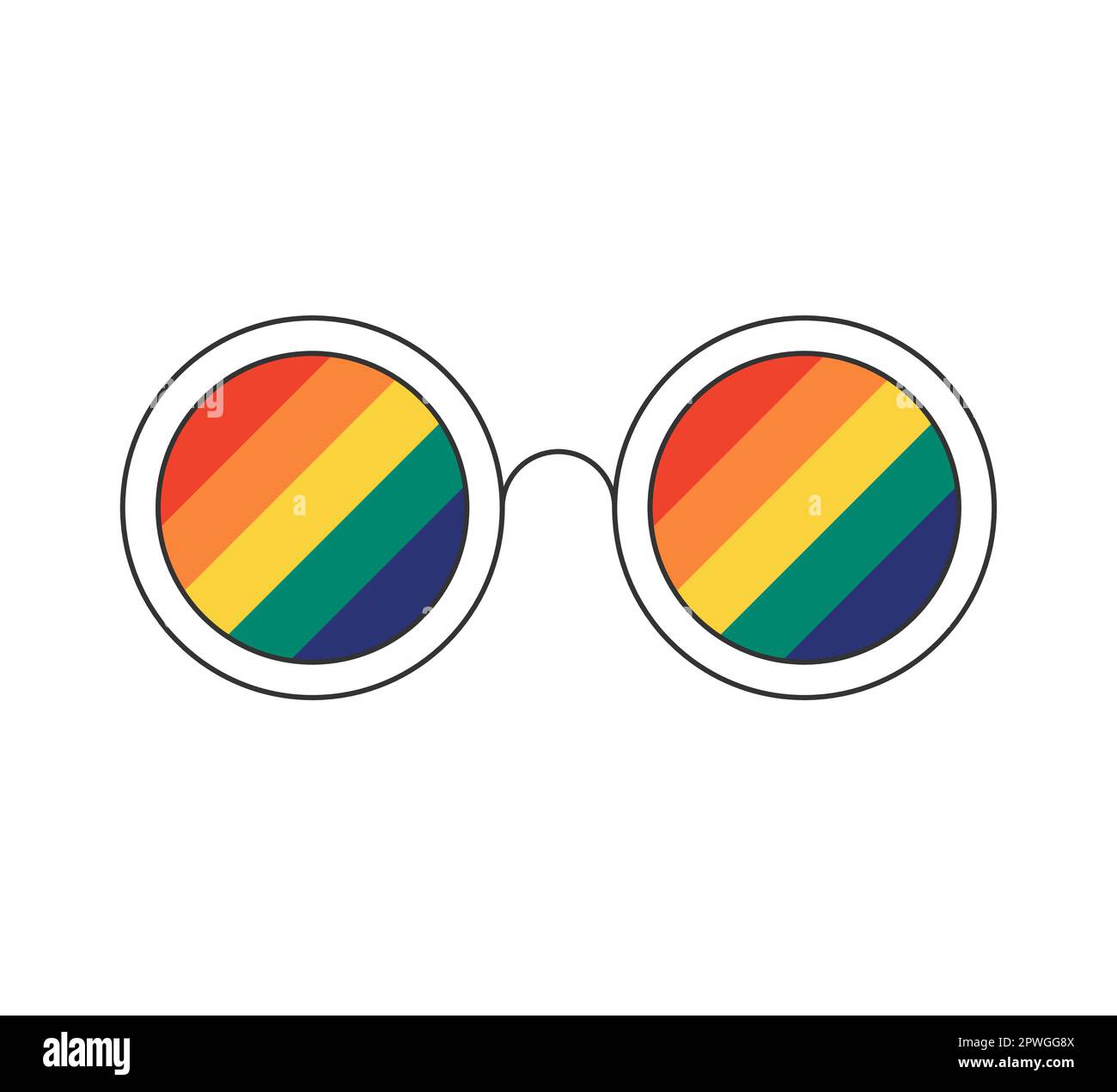 Retro groovy incorniciato da occhiali da sole arcobaleno. Occhiali rotondi vintage hippie funky cartoon. Illustrazione eps isolato vettore psichedelico stile Hippy trendy Y2K Illustrazione Vettoriale