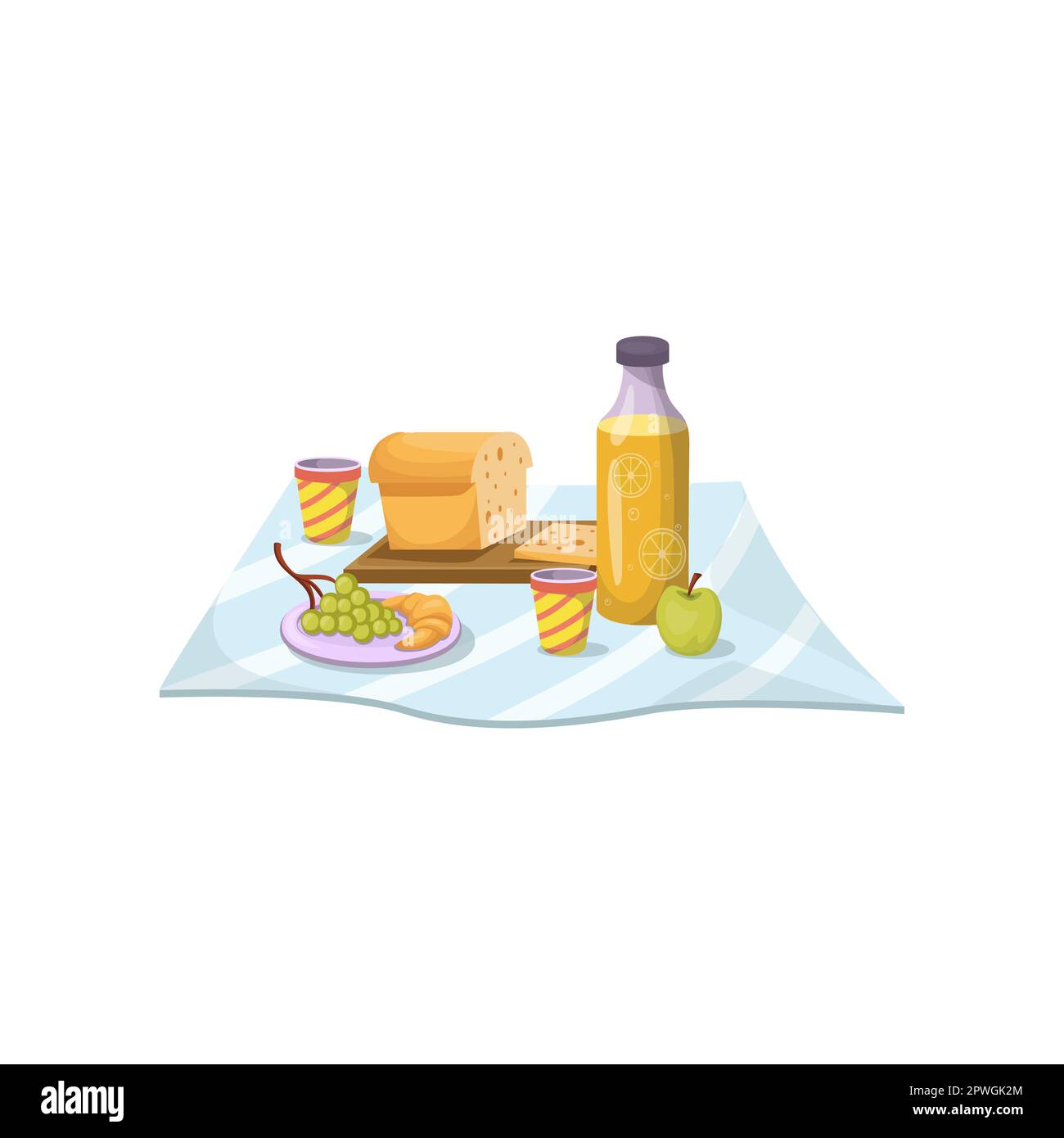 Cibo per picnic estivo su illustrazione cartoon tovaglia blu Illustrazione Vettoriale