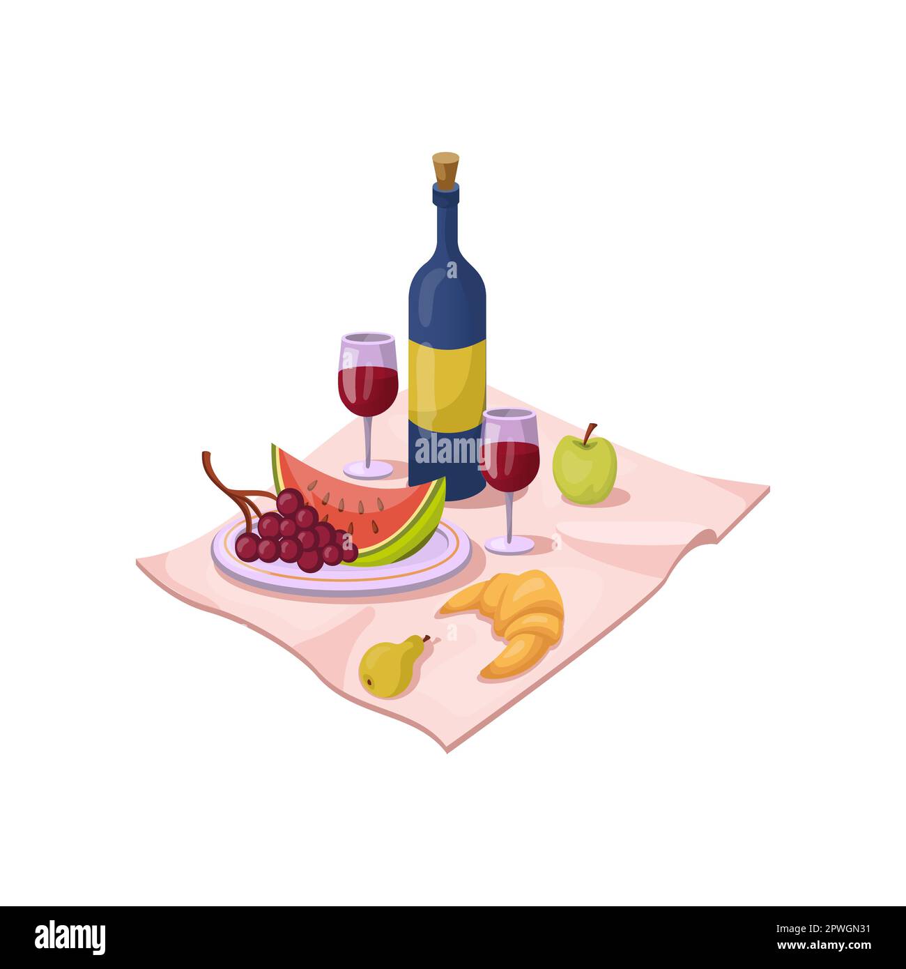 Cibo per pic-nic estivo su illustrazione cartoon tovaglia rosa Illustrazione Vettoriale