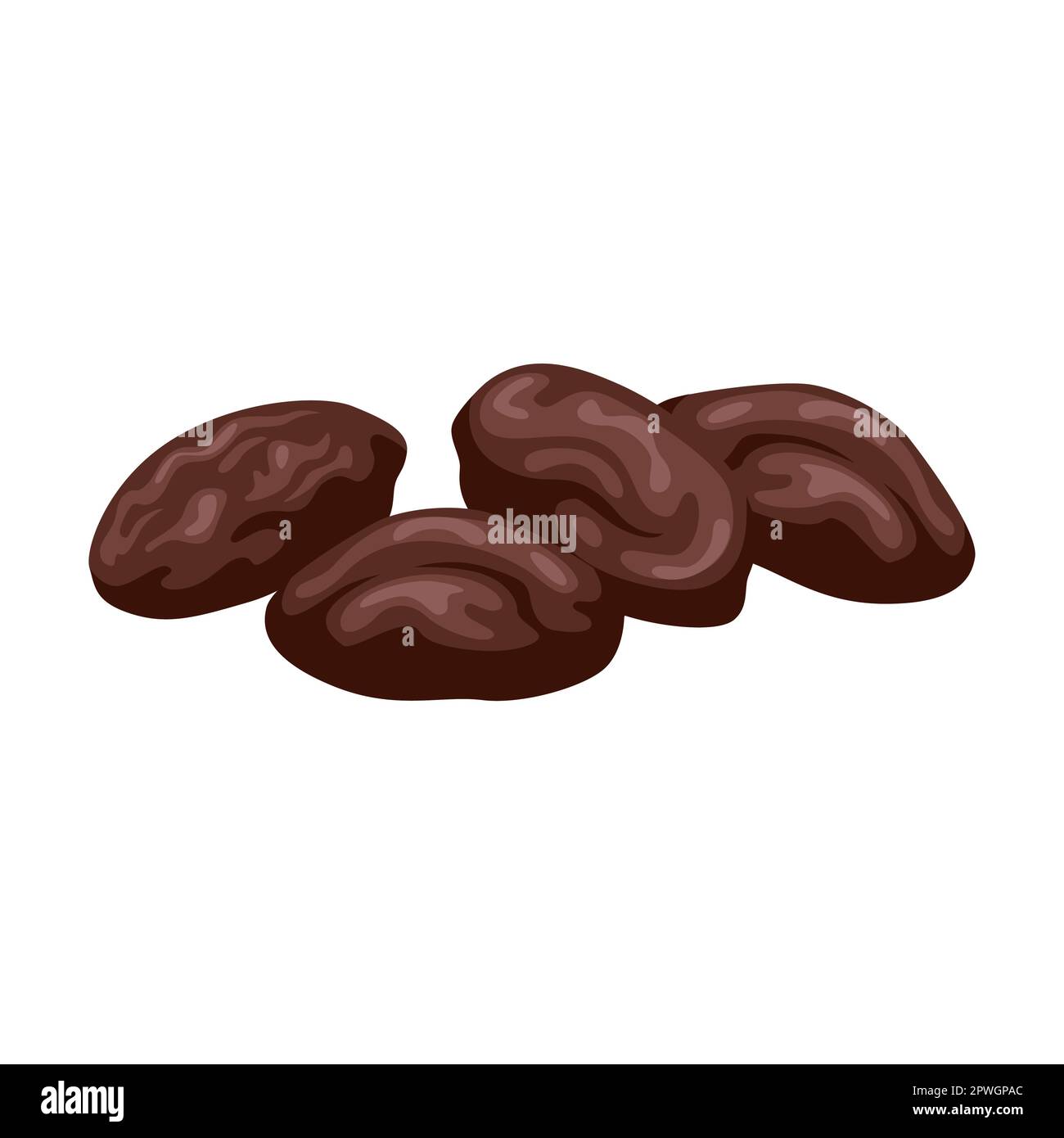 Illustrazione dei cartoni animati di cacao al cioccolato. Cacao in grani con foglie sull'albero, tagliato a metà e cioccolato isolato su bianco Illustrazione Vettoriale