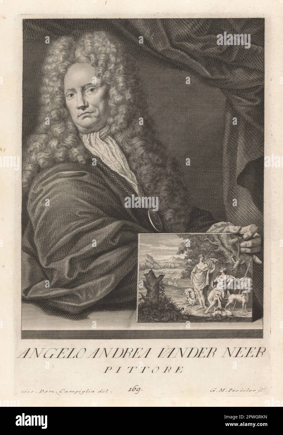 Eglon van der Neer, pittore olandese di scene storiche, ritratti e paesaggi, c.1635-1703. In polvere di parrucca, cravat, e medaglia ricevuto dall'elettore Johann Wilhelm di Palatino. Tenendo un dipinto mitologico. Angelo Andrea Vander Neer, Pittore. Incisione in copperplate di Georg Martin Preissler dopo Giovanni Domenico Campiglia dopo un autoritratto dell'artista dal Museo Florentino di Francesco Moucke, Serie di Ritratti de Pittori (Serie di ritratti di pittori) stamperia Mouckiana, Firenze, 1752-62. Foto Stock