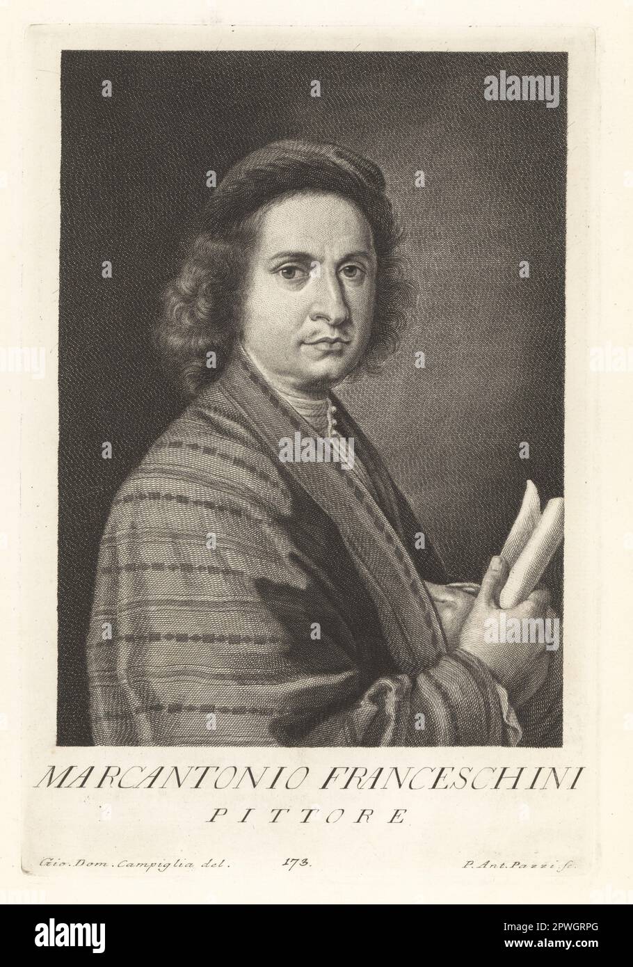 Marcantonio Franceschini, pittore italiano di epoca barocca, attivo soprattutto nella sua città natale di Bologna, 1648-1729. Fu padre e maestro di Giacomo Franceschini. Pittore. Incisione in copperplate di Pietro Antonio Pazzi dopo Giovanni Domenico Campiglia dopo un autoritratto dell'artista del Museo Florentino di Francesco Moucke, Serie di Ritratti de Pittori (Serie di ritratti di pittori) stamperia Mouckiana, Firenze, 1752-62. Foto Stock