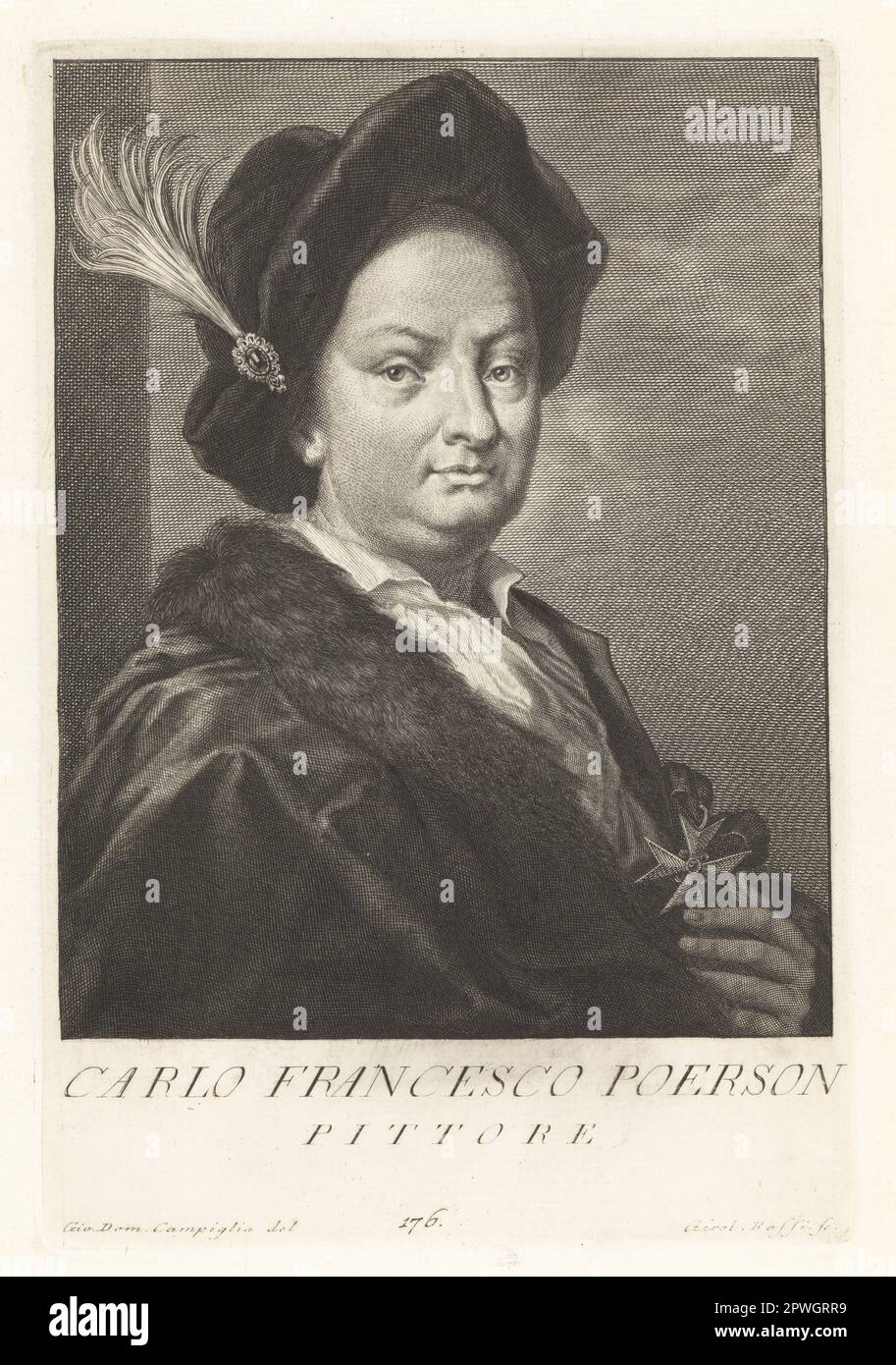 Charles Francois Poerson, pittore francese, 1653-1725. Fu direttore dell'Accademia Francese di Roma dal 1704 fino alla sua morte. In berretto di velluto a pelo, mantello foderato in pelliccia con ordine di croce cavaliere Saint-Lazare. Carlo Francesco Poerson, Pittore. Incisione in copperplate di Girolamo Rossi dopo Giovanni Domenico Campiglia dopo un autoritratto dell'artista dal Museo Florentino di Francesco Moucke, Serie di Ritratti de Pittori (Serie di ritratti di pittori) stamperia Mouckiana, Firenze, 1752-62. Foto Stock