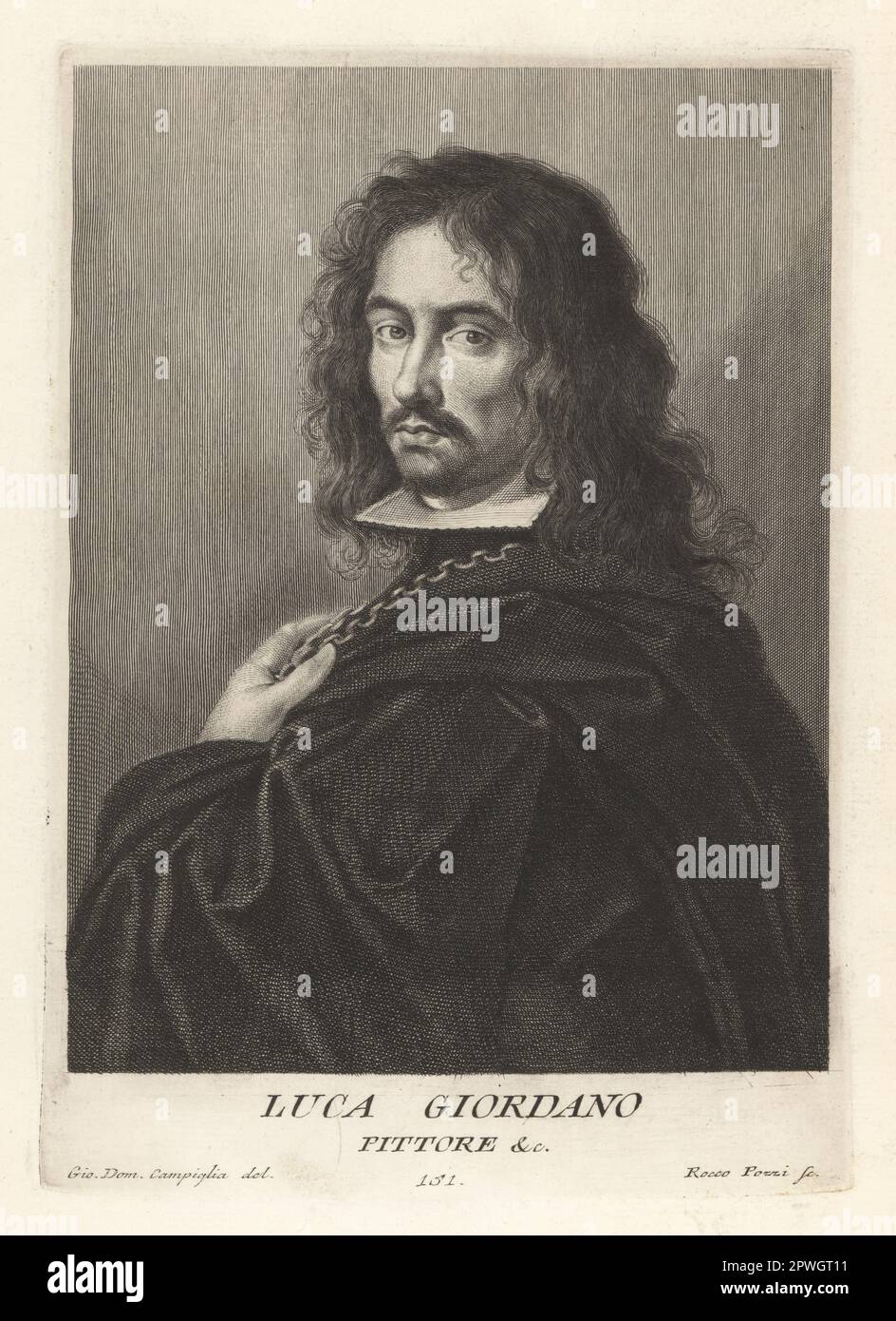 Luca Giordano, pittore e incisore italiano tardo-barocco in incisione, 1634-1705. Chiamata fa presto, lavorò per il Granduca Cosmo III a Firenze e per il re Carlo II di Spagna. Luca Giordano, Pittore. Incisione in copperplate di Rocco pozzi dopo Giovanni Domenico Campiglia dopo un autoritratto dell'artista del Museo Florentino di Francesco Moucke, Serie di Ritratti de Pittori (Serie di ritratti di pittori) stamperia Mouckiana, Firenze, 1752-62. Foto Stock