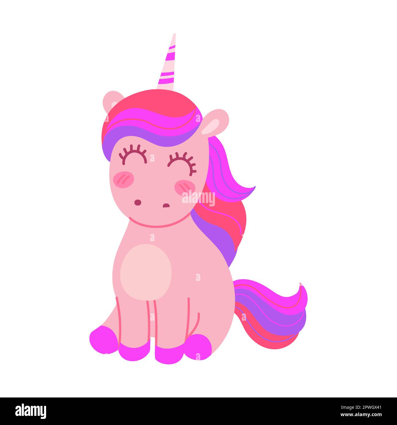 Cartone animato simpatico unicorno seduta felice. Illustrazione vettoriale di magico adorabile animale rosa con ali e corno isolato su bianco Illustrazione Vettoriale