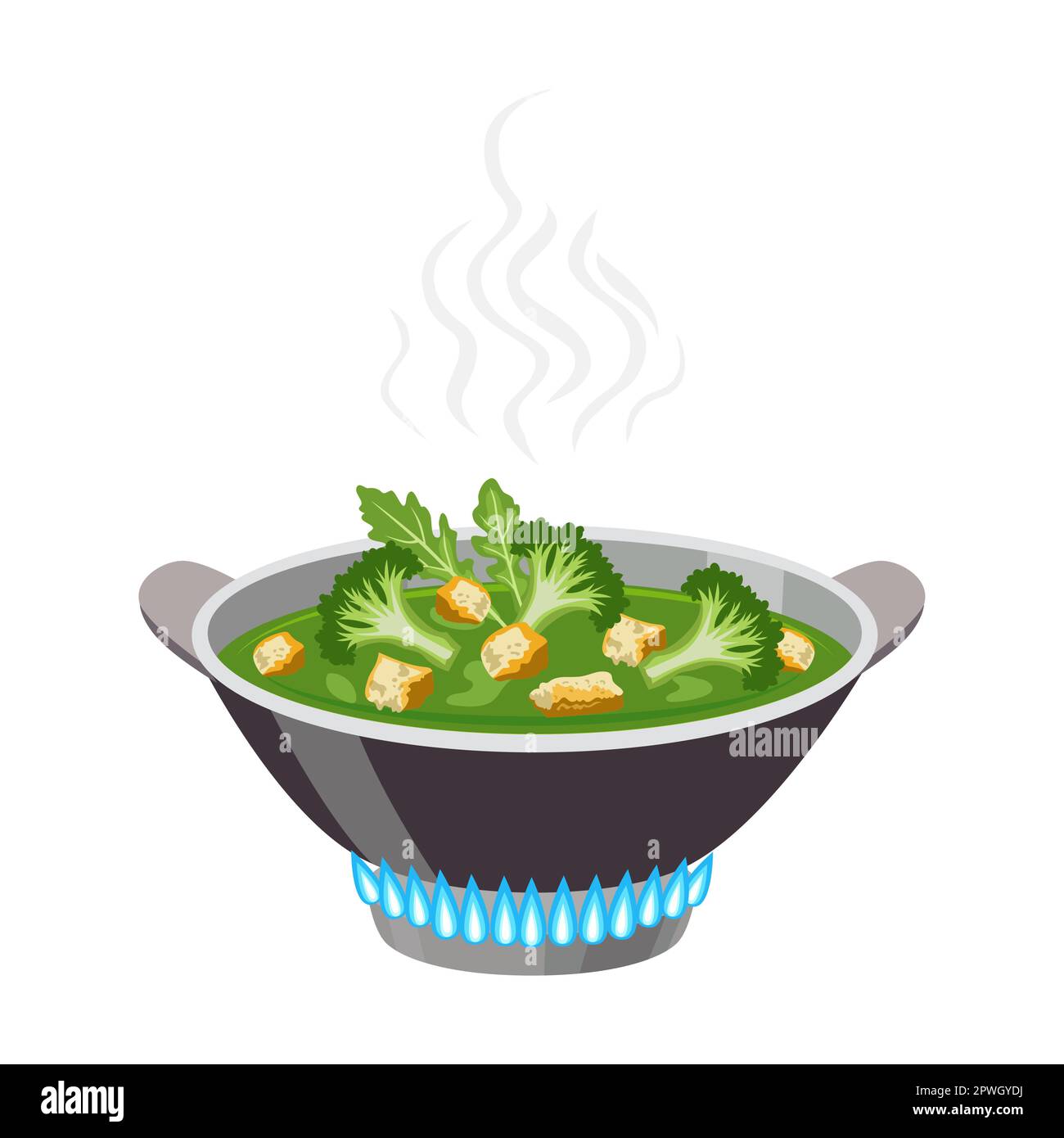 Pentola e padella con broccoli stufati su cartoni animati a gas. Acqua bollente nel bollitore, friggere i piatti al fuoco. Pentola con zuppa calda Illustrazione Vettoriale