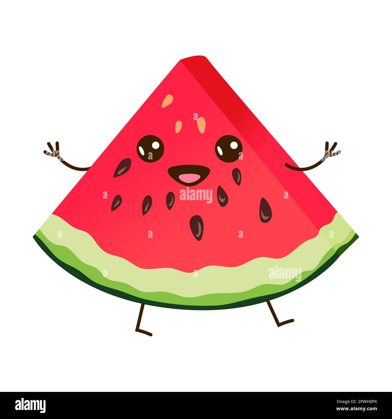 Fetta di anguria matura. Carino cartone animato con divertente illustrazione del cartone animato del volto. Frutti di bosco tropicali felici e comici, cibo isolato su sfondo bianco Illustrazione Vettoriale
