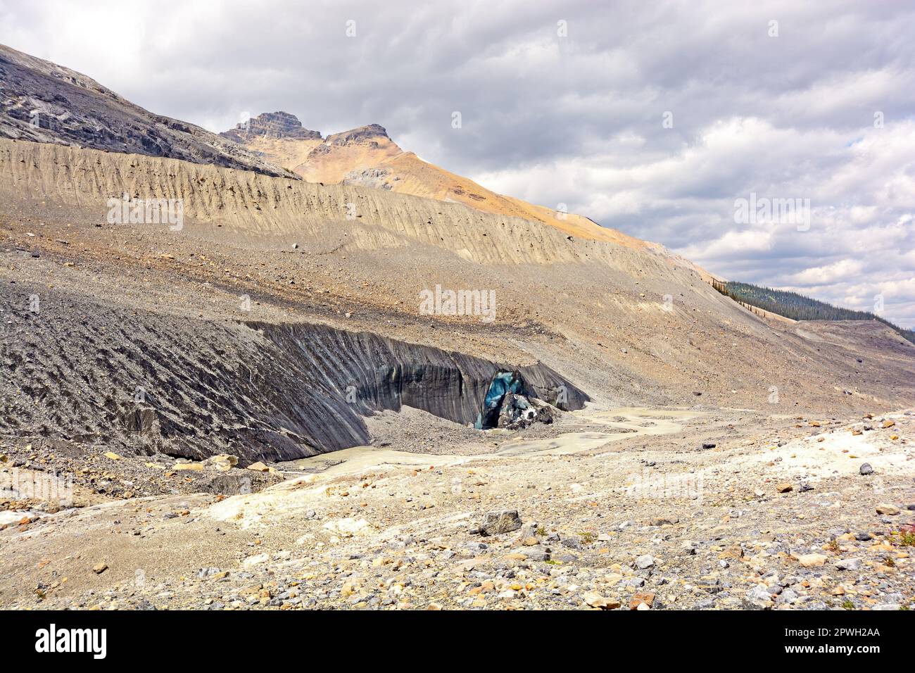 Ghiaccio sporco e morene rocciose al Toe of a the Athabasca Glacier nel Jasper National Park Foto Stock