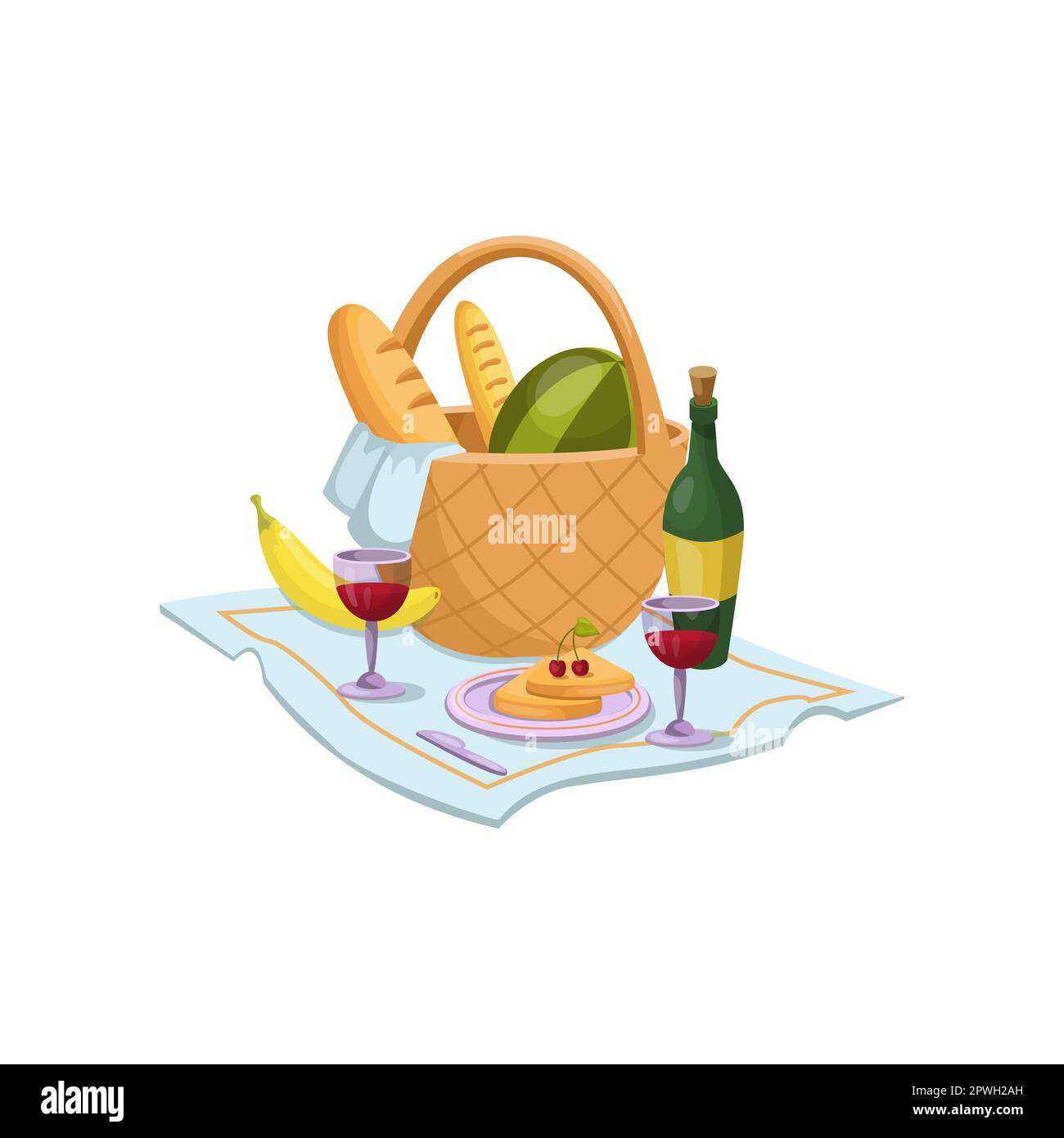 Cibo per pic-nic estivo in cestino su tovaglia illustrazione cartone animato Illustrazione Vettoriale