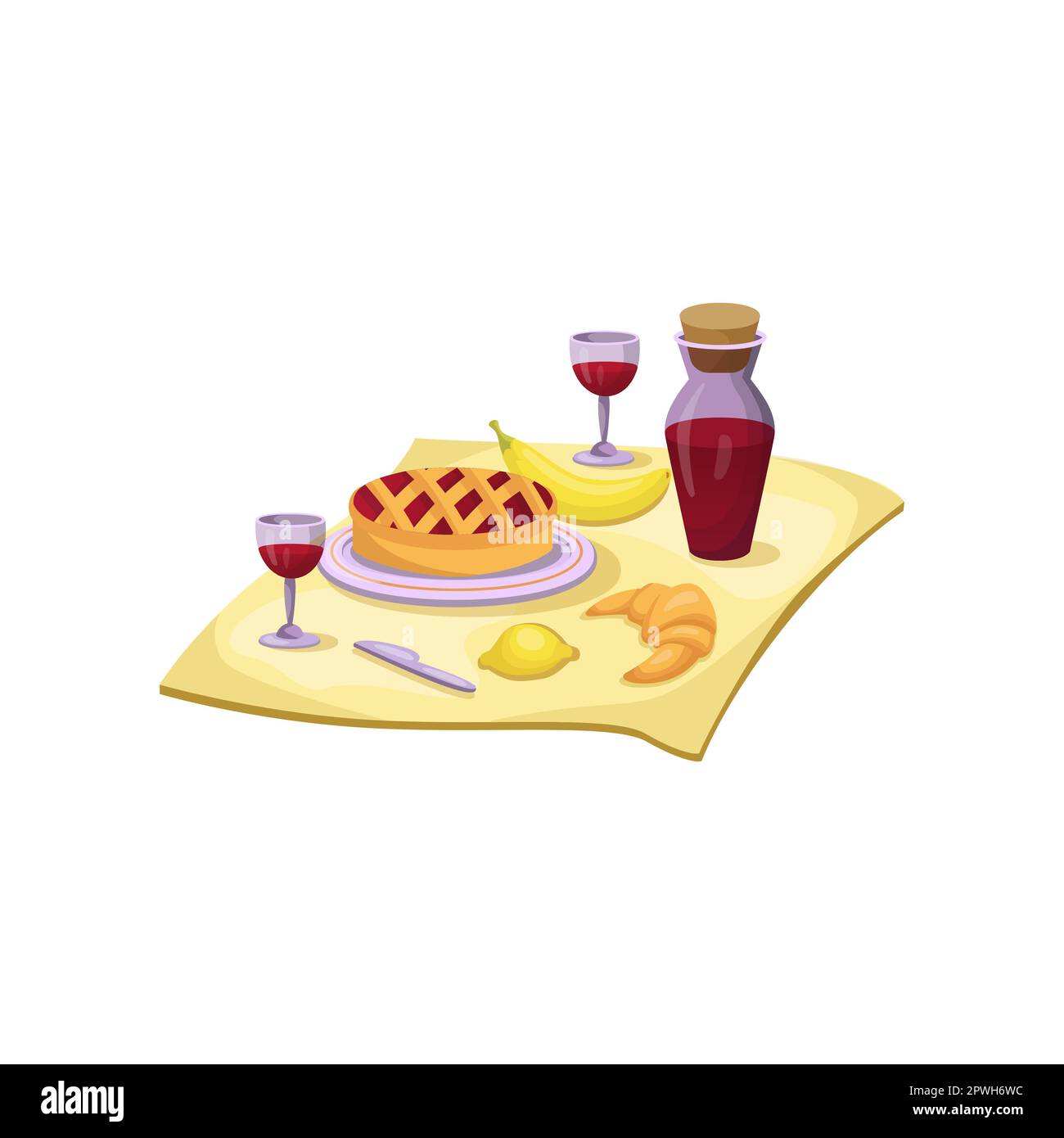 Cibo per pic-nic estivo su illustrazione cartoni animati giallo tovaglia Illustrazione Vettoriale