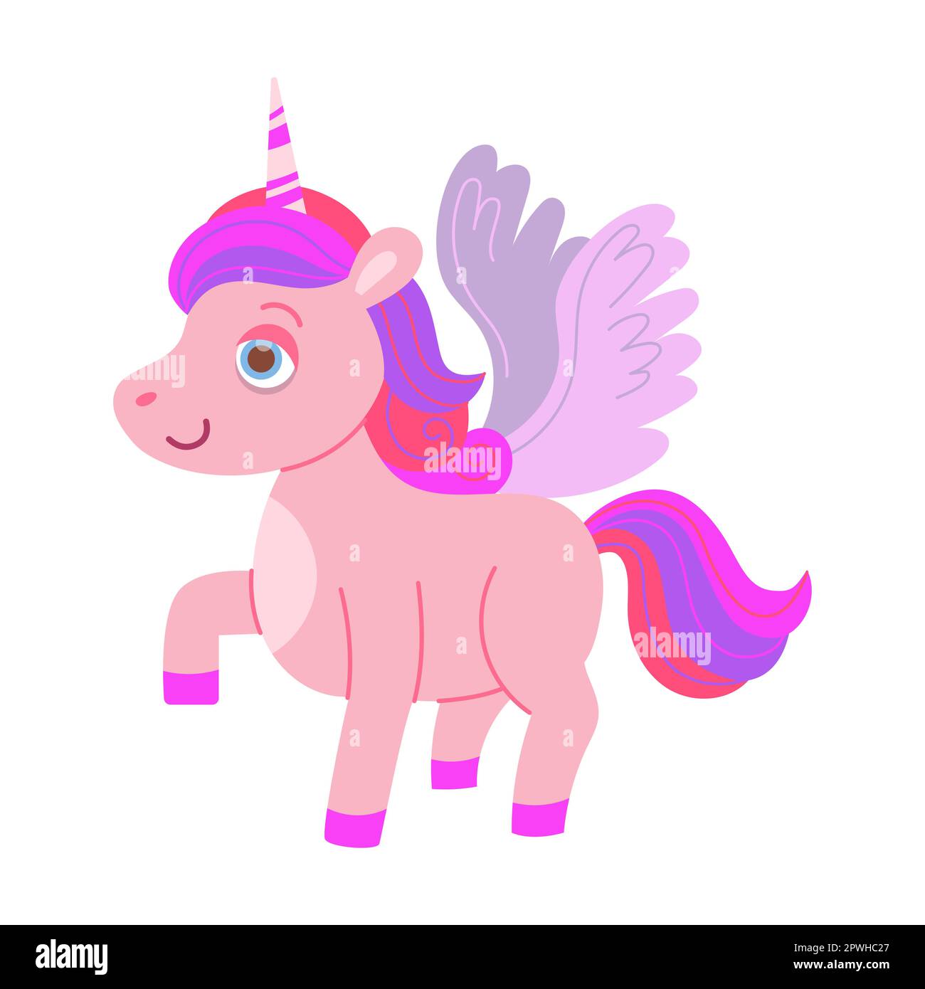 Cartone animato simpatico unicorno con ali. Illustrazione vettoriale di magico adorabile animale rosa con ali e corno isolato su bianco Illustrazione Vettoriale
