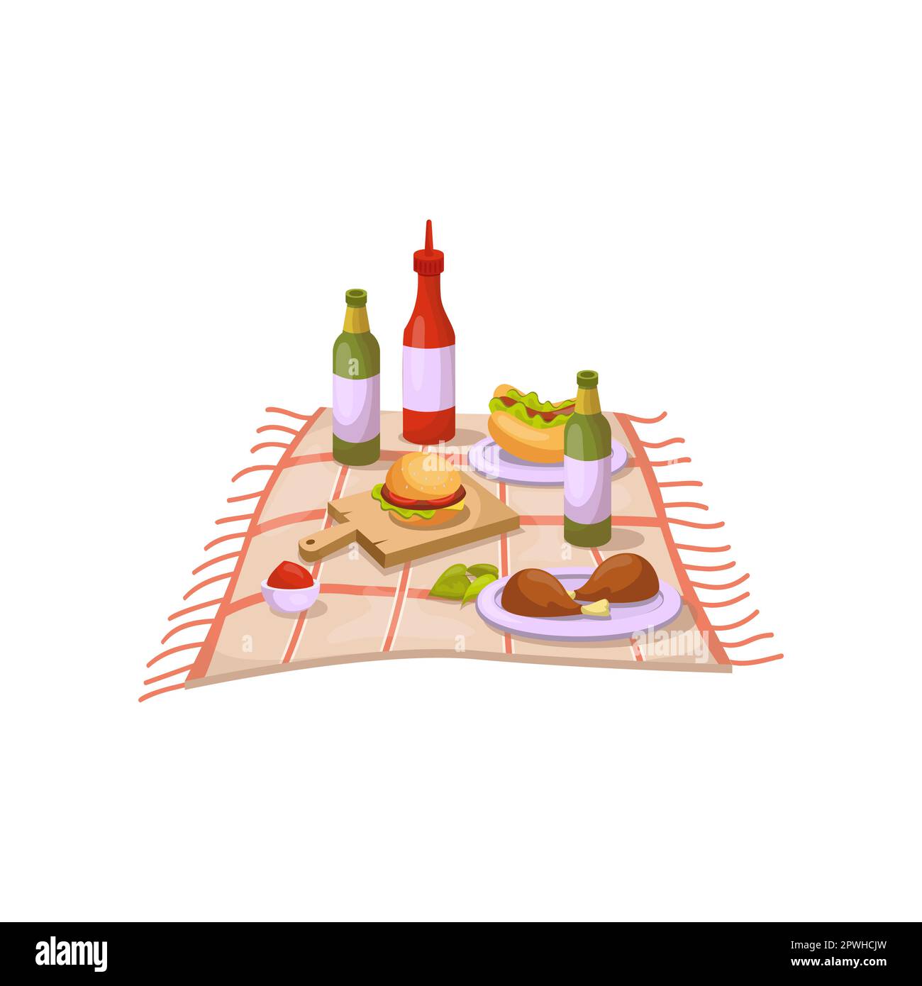 Cibo per pic-nic estivo su tavola a scacchi cartoni animati illustrazione Illustrazione Vettoriale