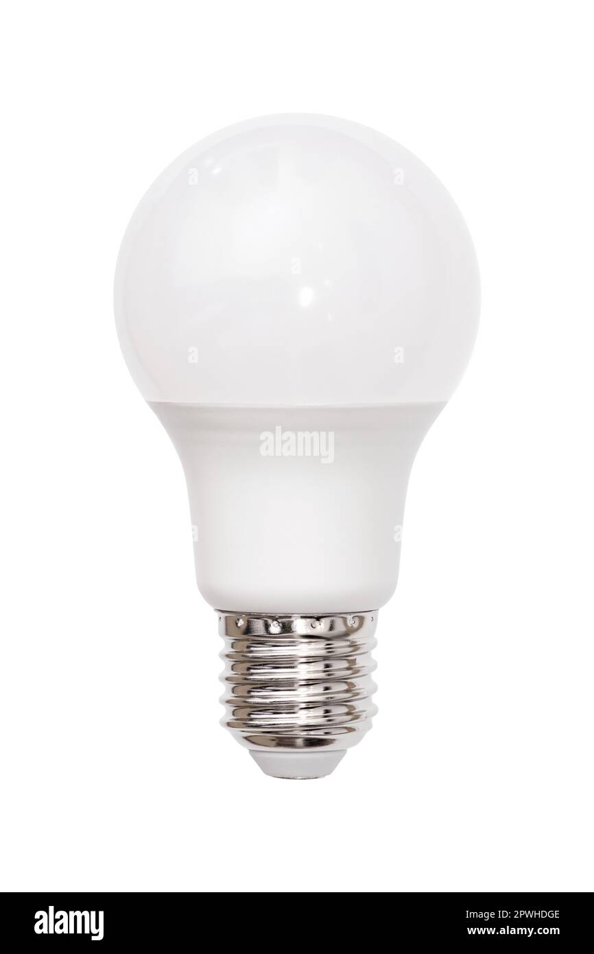 Lampadina a risparmio energetico isolata su sfondo bianco, E27. Foto Stock