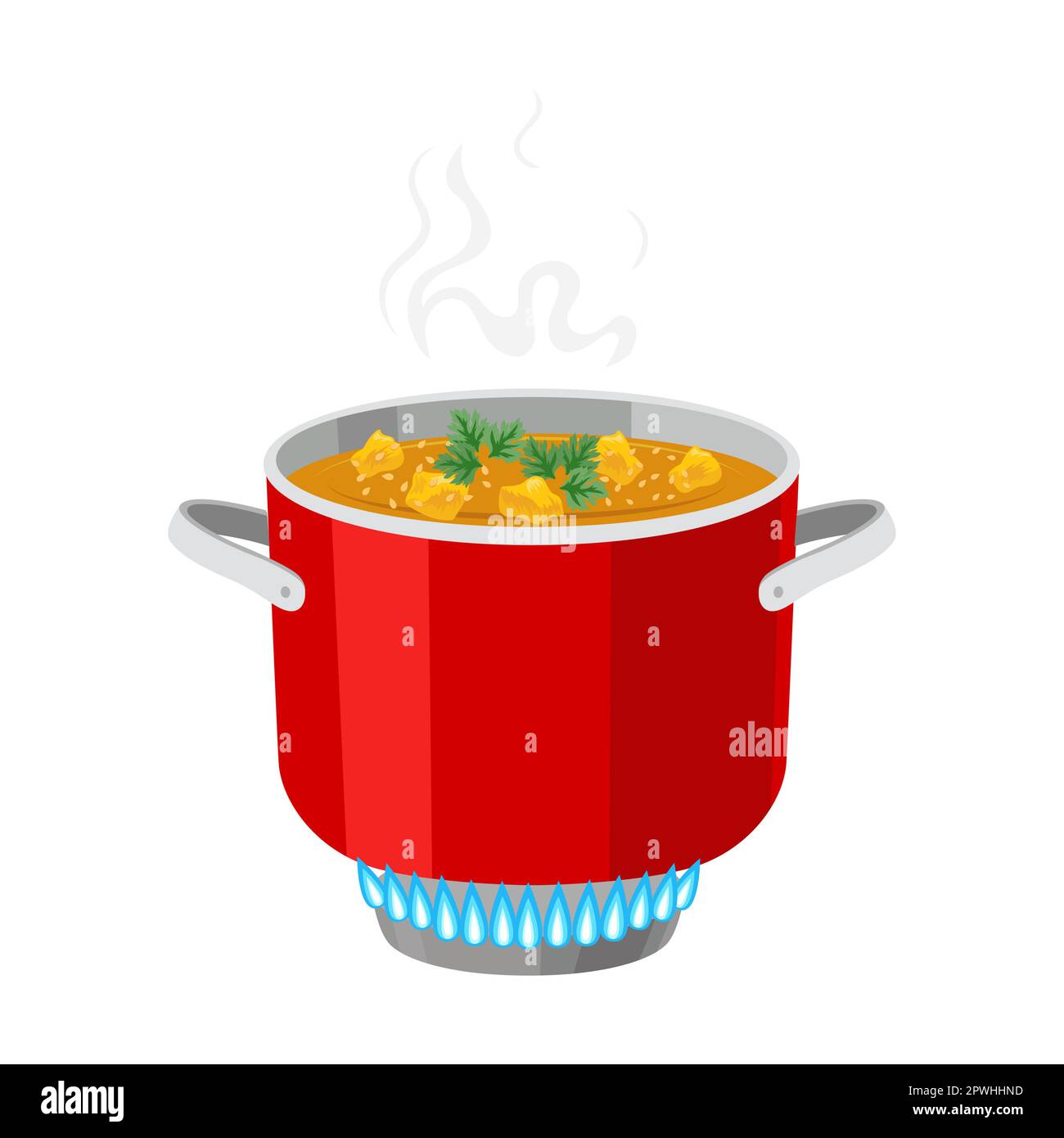 Pentola di cottura con zuppa sulla stufa a gas illustrazione cartone animato. Acqua bollente nel bollitore, friggere i piatti al fuoco. Pentola con zuppa calda Illustrazione Vettoriale