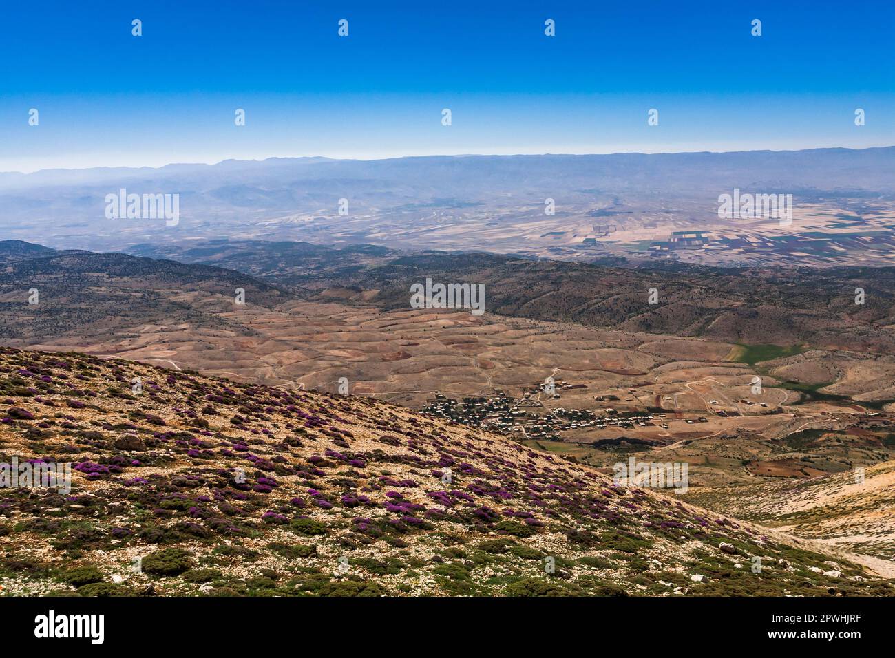 Valle di Bekaa (Beqaa) e montagne anti-libanesi, dalle montagne libanesi (Ariz-Baalbek Road), dal Governatorato di Baalbek-Hermel, Libano, Medio Oriente, Asia Foto Stock