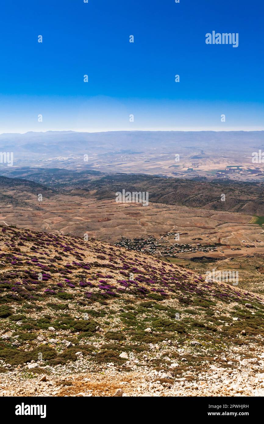 Valle di Bekaa (Beqaa) e montagne anti-libanesi, dalle montagne libanesi (Ariz-Baalbek Road), dal Governatorato di Baalbek-Hermel, Libano, Medio Oriente, Asia Foto Stock