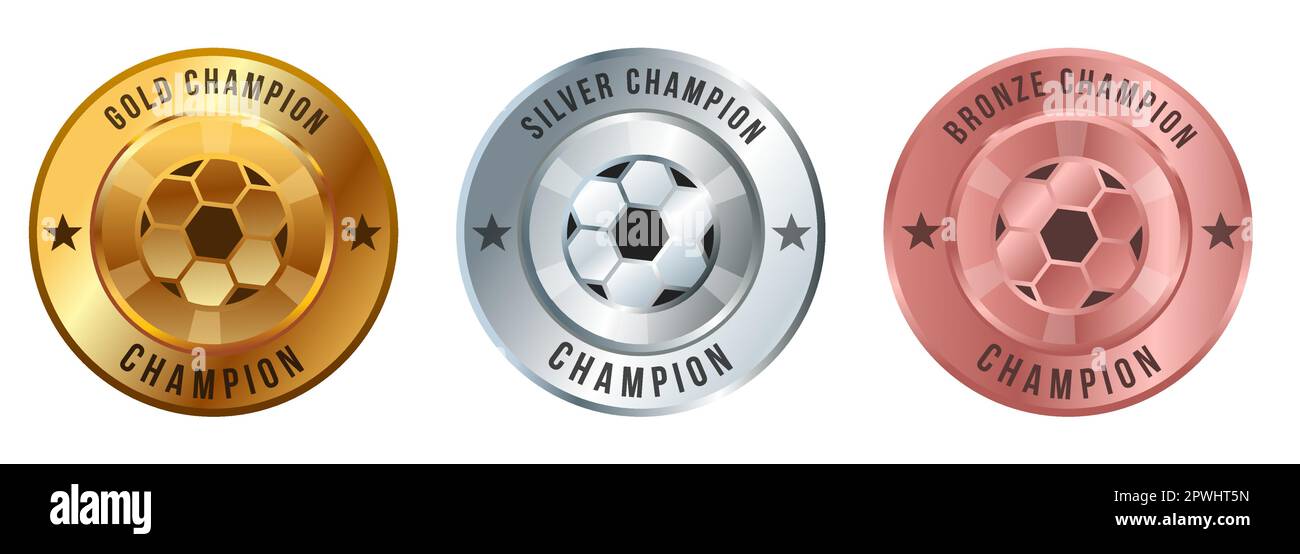 Calcio calcio medaglia oro bronzo argento campione concorso emblema rotondo medaglione lucido Illustrazione Vettoriale