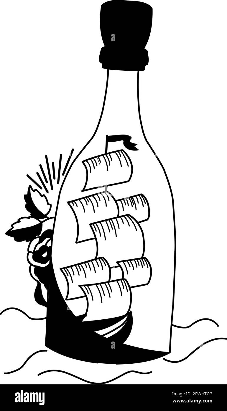 tatuaggio della vecchia scuola. Una nave in bottiglia. Un messaggio SEA. Una nota in una bottiglia. Naufragio. Illustrazione Vettoriale