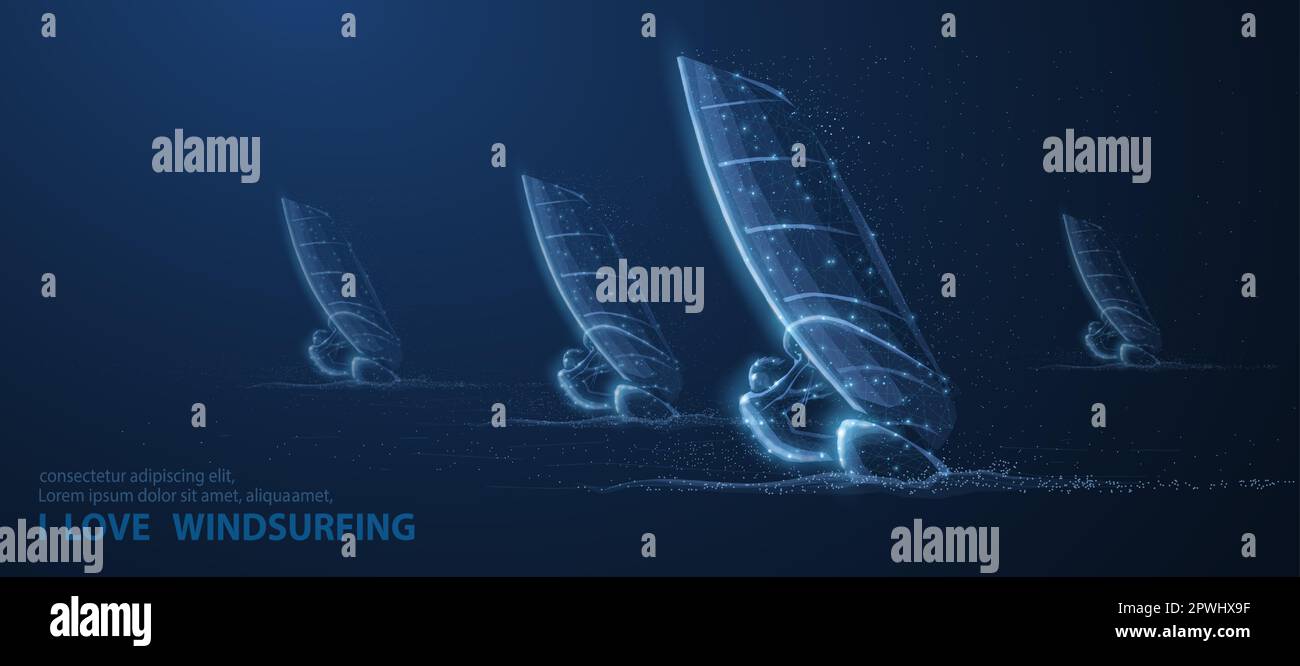 Windsurf. Mans su tavole a vela surf sul mare. Sport estremi, vela windsurf, vacanza sull'oceano, avventura all'aperto, riposo divertente, velocità Illustrazione Vettoriale