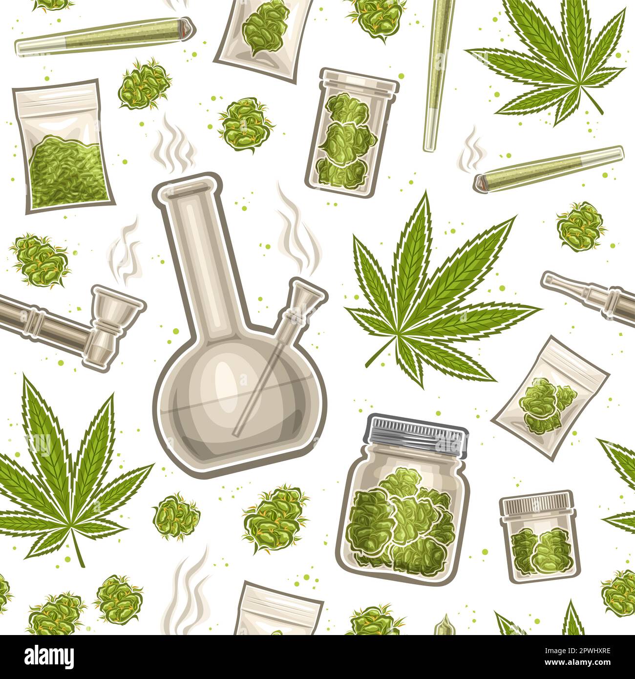 Vector Cannabis Seamless Pattern, sfondo ripetuto con illustrazioni di set piatto piatto erba cannabis medicinale in polvere in sacchetto di plastica, rotolo di carta erbaccia Illustrazione Vettoriale