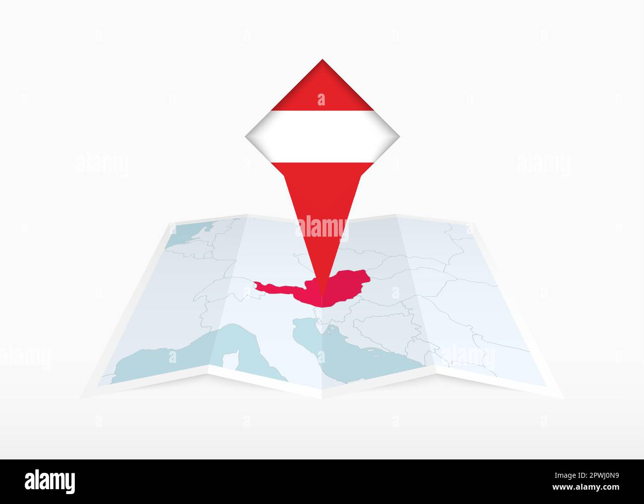 L'Austria è raffigurata su una mappa su carta piegata e segnaposto con bandiera austriaca. Mappa vettoriale piegata. Illustrazione Vettoriale