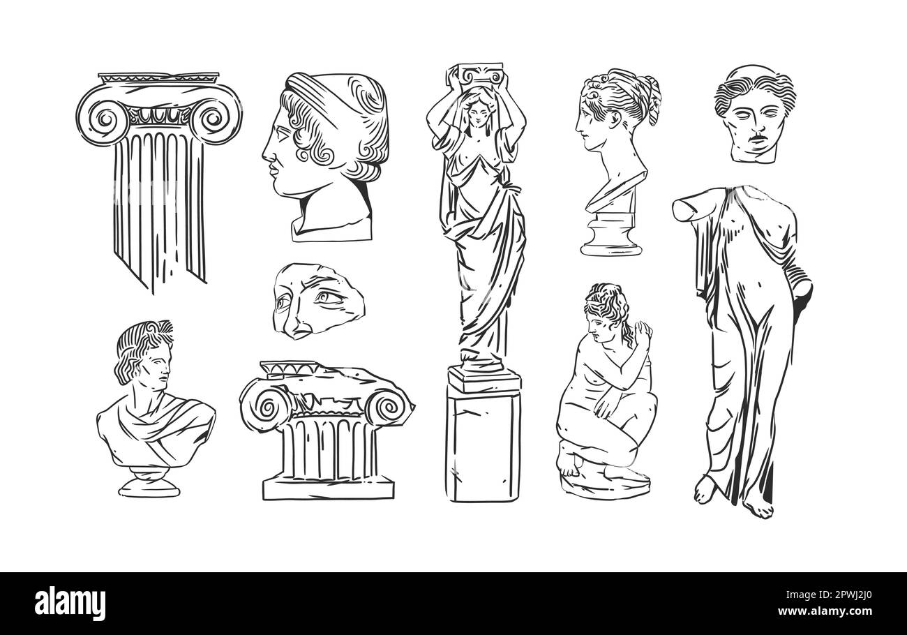 Disegno a mano vettoriale astratto contorno, grafica, linea greco scultura antica statua linea arte disegno moderno set.statue classiche antiche in bohémien alla moda Illustrazione Vettoriale